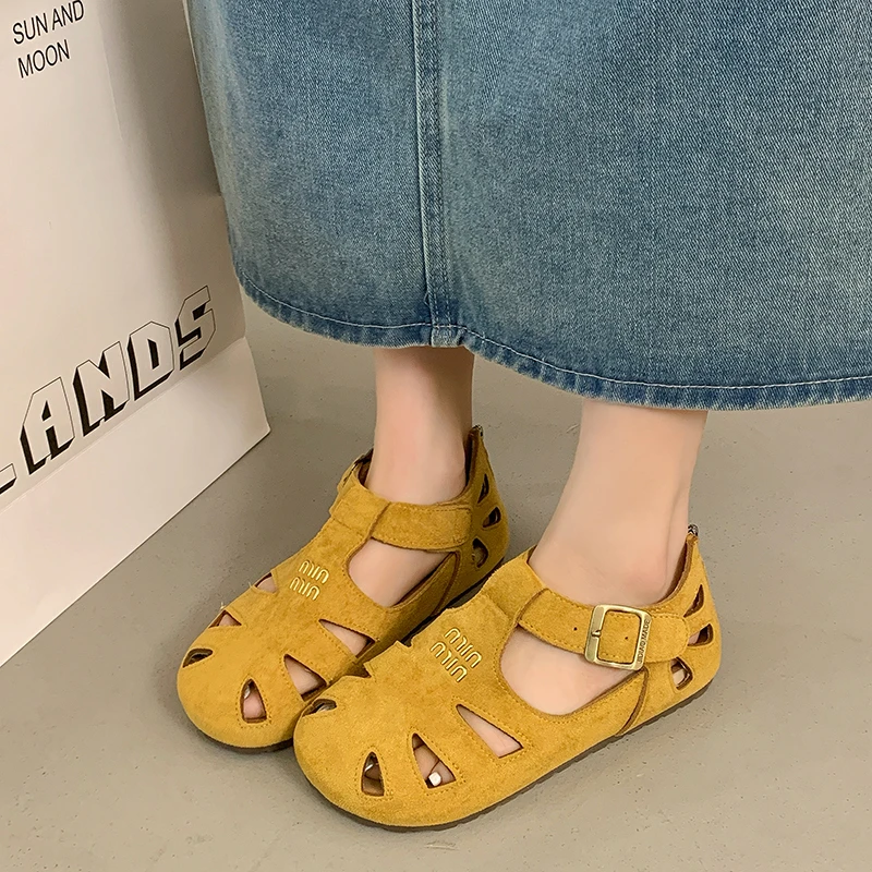 

2025 ONG Genuine Leather Hollow out Flat Roman Sandals Versatile Casual Cage oes mid Heel round Toe Summer Faion Women's oes