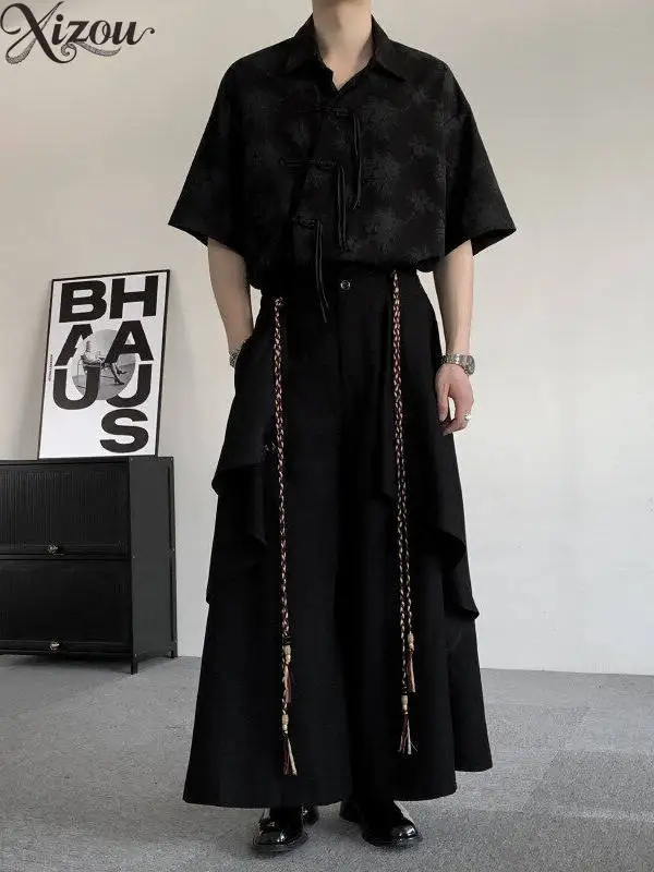 Spring Chinese 2-Piece Set Collar Short-Sleeve Shirt Layered Wide-Leg Skirt Pant Tassel Men Neutral Bottom Young Casual Loose