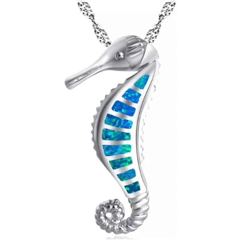 Personal Blue Opal Necklace Women Animal Sliver Color Seahorse Chain Pendant Necklaces Boho Jewelry 2023 Custom Jewelry