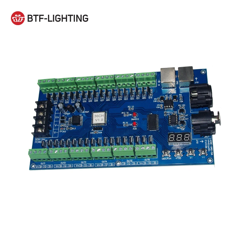 

DC5V-36V 13groups RGBW Output XLR RJ45 Ports 36ch 40ch Controller Dmx512 Decoder Board