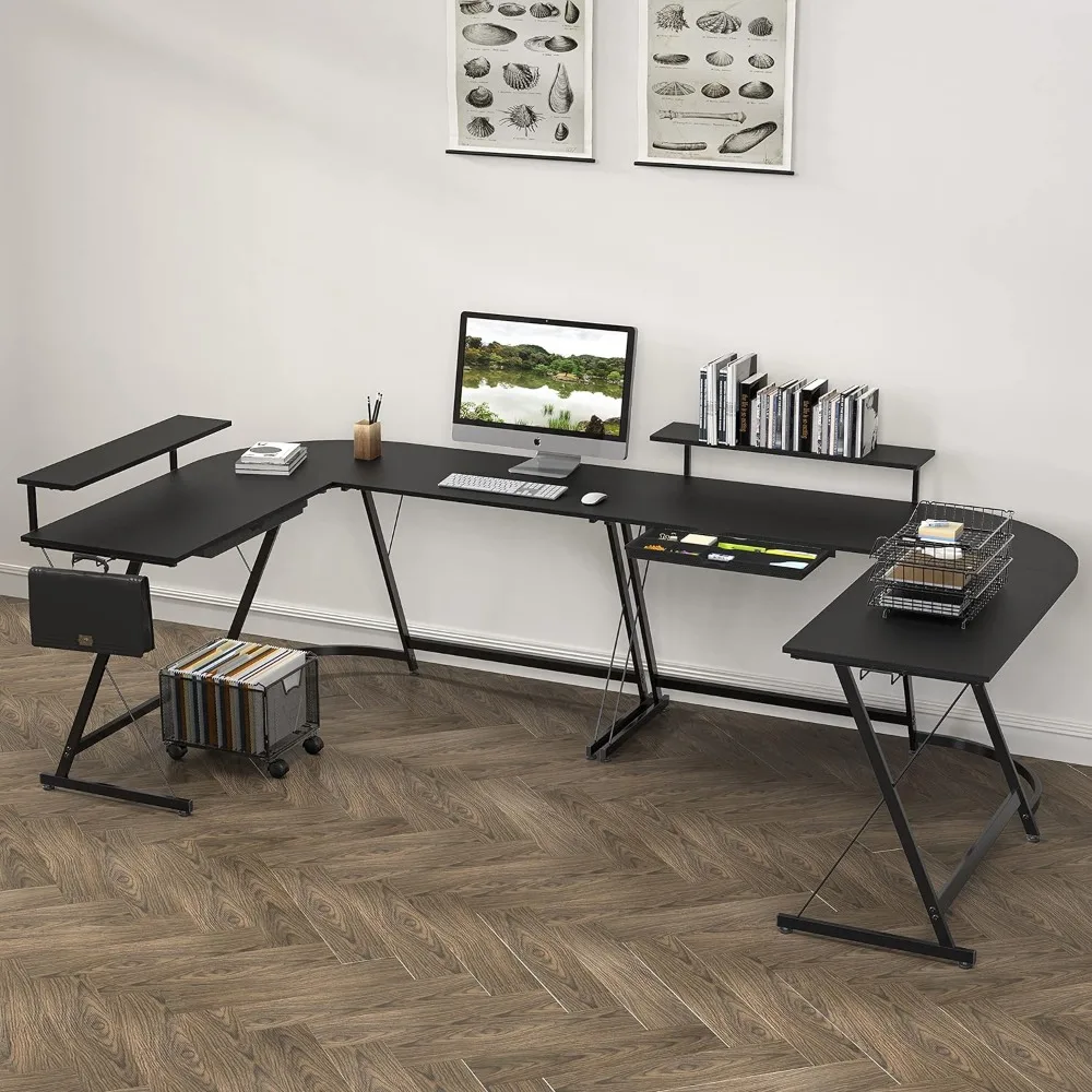 Vista L-Vorm Bureau Met Monitorstandaard, Zwart