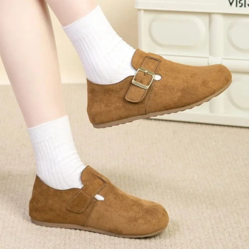 New Spring Retro Suede Flat Casual Shoes for Woman Adjustable Buckle Strap Slip on Light Non-slip Female Walking Fashion Shoes