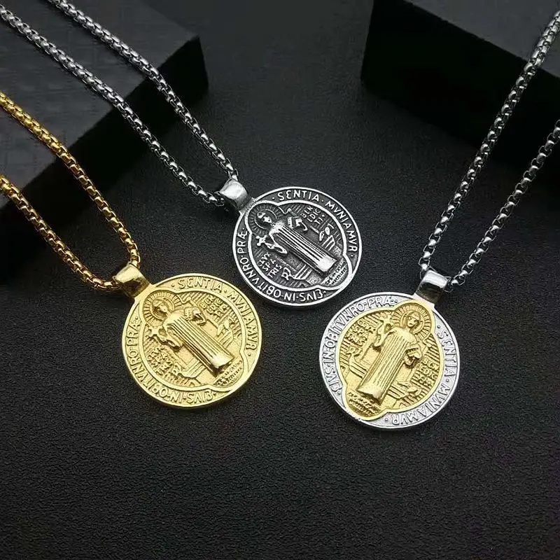 Stainless Steel Catholic Patron Saint St Benedict of Nursia Holy Medal Round Pendant Necklace for Men Jewelry Drop Shipping