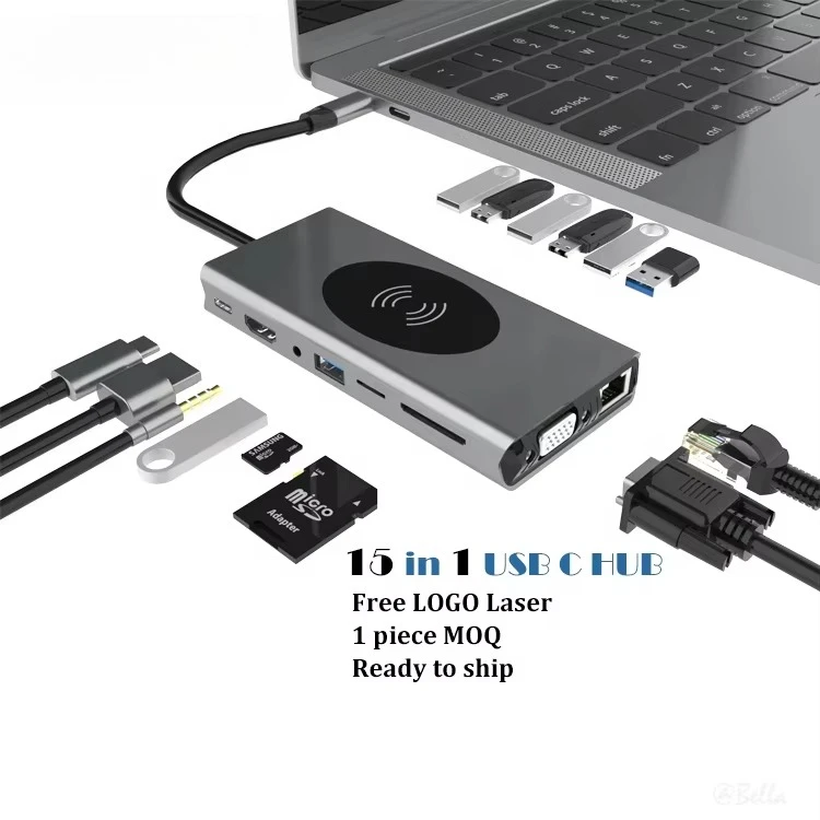 

USB C Docking Station 15 in 1 Dual Display Laptop USB Type-C Hub Multiport Adapter Dongle with HDMI VGA USB SDTF Audio PD