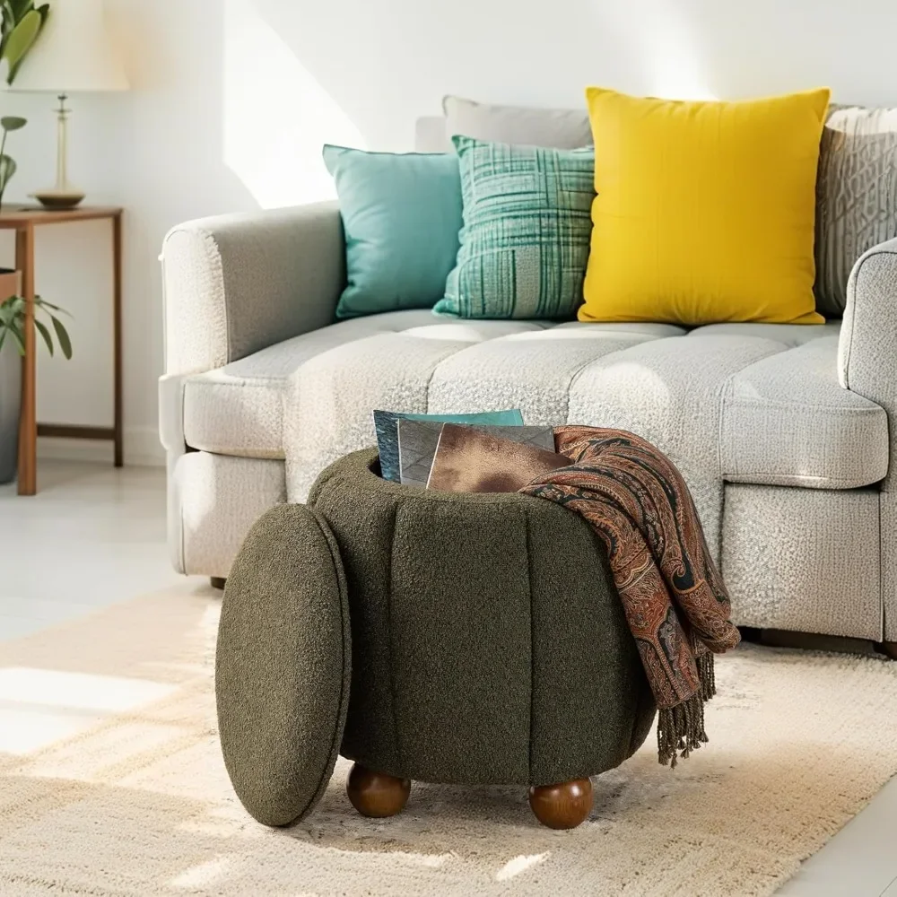 

Modern Upholstered Round Ottoman with Storage, Pumpkin Shape Vanity Stool Coffee Table Ottoman, Makeup Vanity Stool with Padded
