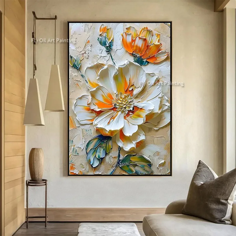 Abstract Handmade Large White Orange Knife Canvas Thick Wall Art New Special Artwork Colorful Florals Oil Painting For Home