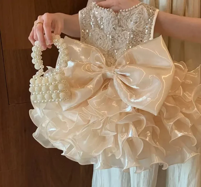 New Baby Summer Girls Boutique Back BIg Bow Flower  Dress, Princess Kids Sweet Party Dresses  1-7T