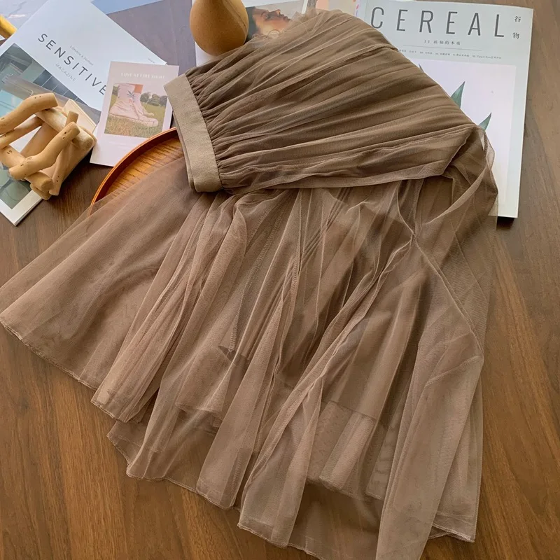 Matakawa Mesh Skirts for Women Solid Spring Summer Elegant Korean Fashion Sweet Faldas Mujer Ruffles A-line Long Skirt