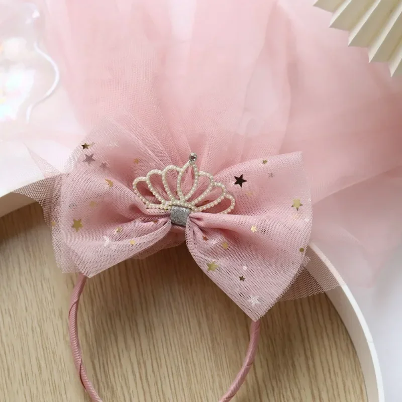 1 Pc Cute Princess Hairbands for Toddler Girls Retro Veil Bowknot Crown Pearl Hair Hoop Birthday Party Headdress Kids Headwear