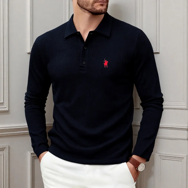 

Роскошная рубашка-поло с вышивкой, мужская одежда с длинными рукавами, осень 2023, новый стиль, удобная и дышащая повседневная брендовая футболка