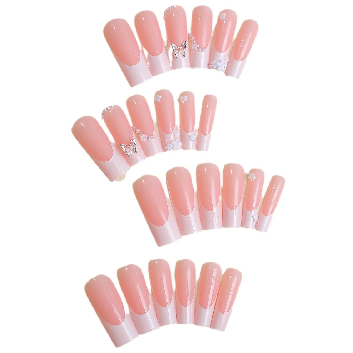 24 pçs francês pérola flor imprensa em unhas liga borboleta unhas simples cobertura completa wearable unhas falsas