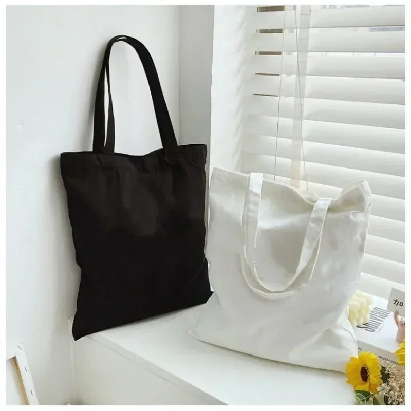 Large Capacity Black White Canvas Shoulder Tote Bag Folding Eco Cotton Handbag Reusable DIY Books Shoulder Bag Shopping Bag