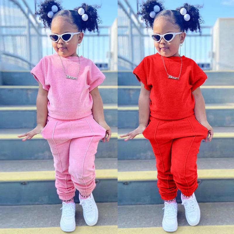 2PCS Fashion Baby Summer Clothes Kids Girls Clothing Sets Cotton Solid Casual T-Shirt With Pants Toddler Tracksuits Outfits