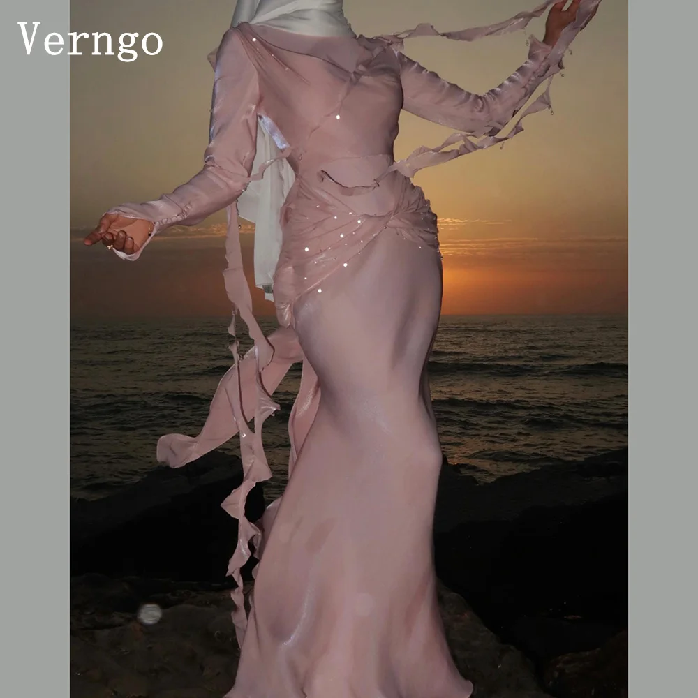 

Verngo Pink Shiny Satin Evening Dress O Neck Full Sleeves Mermaid Prom Gowns Modest Arabic Formal Cooasin Dress Customized