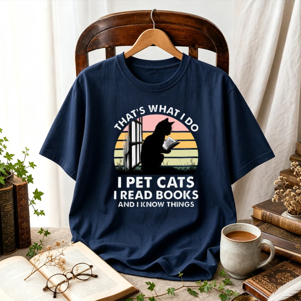 That's What I Do Pet Cats Read Books and I Know Things T-Shirt Retro Sunset Reading Cat Silhouette Graphic Tee Bookworm Tops