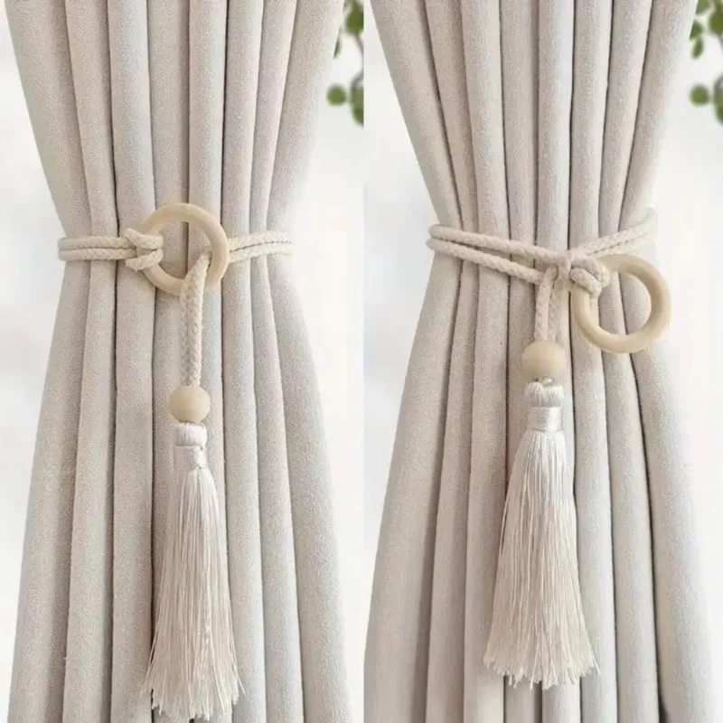 2pcs Bohemian Chic adjustable cotton cord curtain tie fringe - hand woven, log loop curtain buckle strap