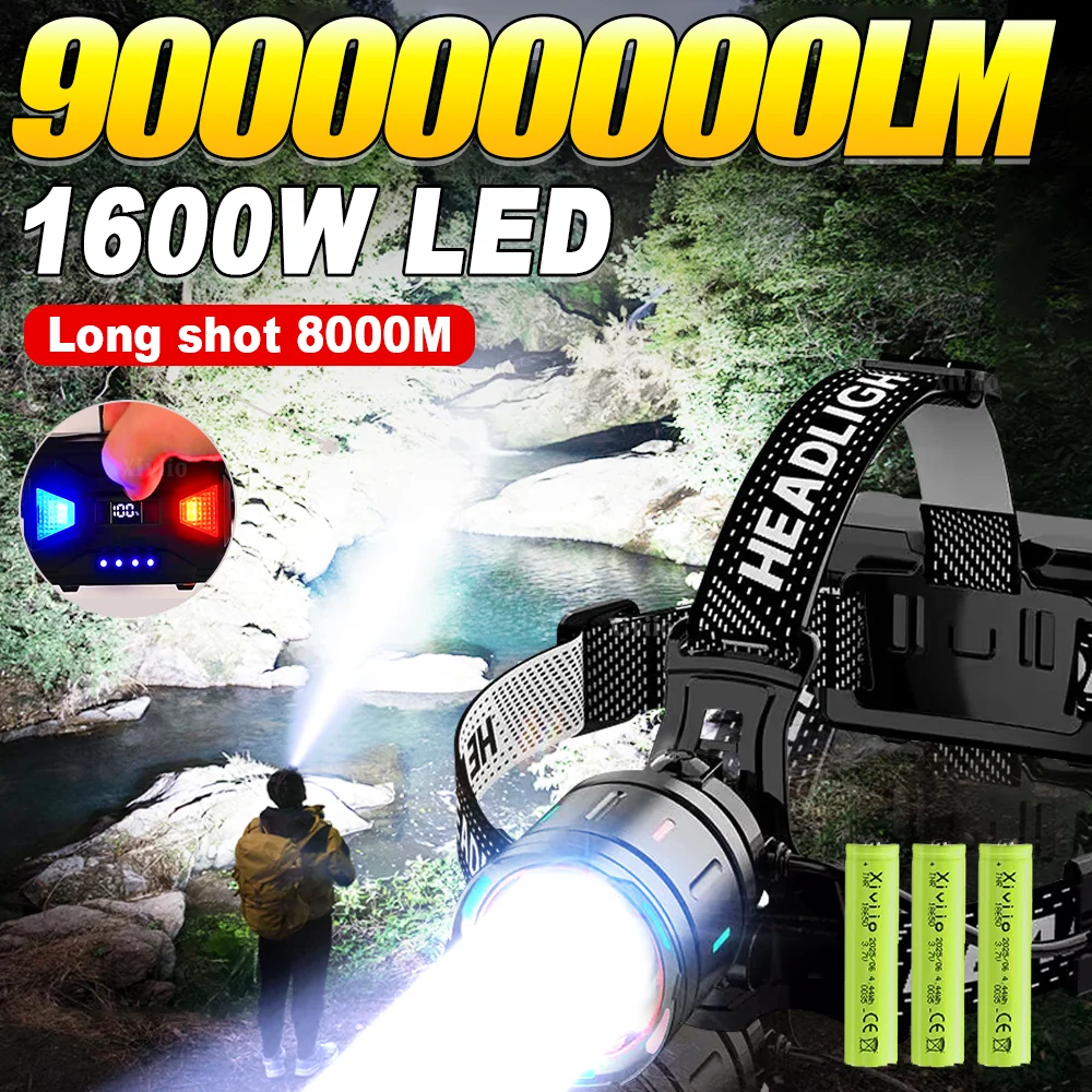 990000000LM Super Bright LED Headlight 1600W Hight Power Head Torch Rechargeable Headlamp IPX6 Waterproof Head Lantern
