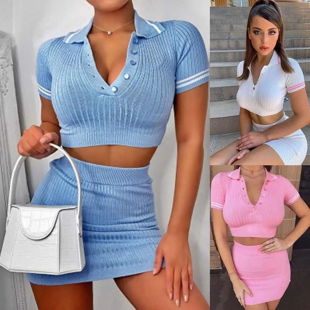 Sexy Short Sleeve  Skirt Set Bore Hole Design Two Pieces Cotton Spring Summer New Arrival Women's Fashion Bodycon Skirt