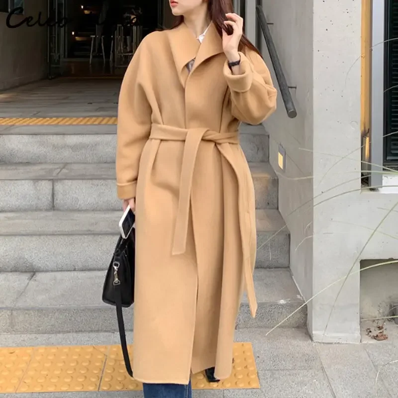 

Winter Khaki Long Wool Jacket Women Turn-down Collar Loose Blend Coats Ladies Lace-up Elegant Thicken Outfit Autumn