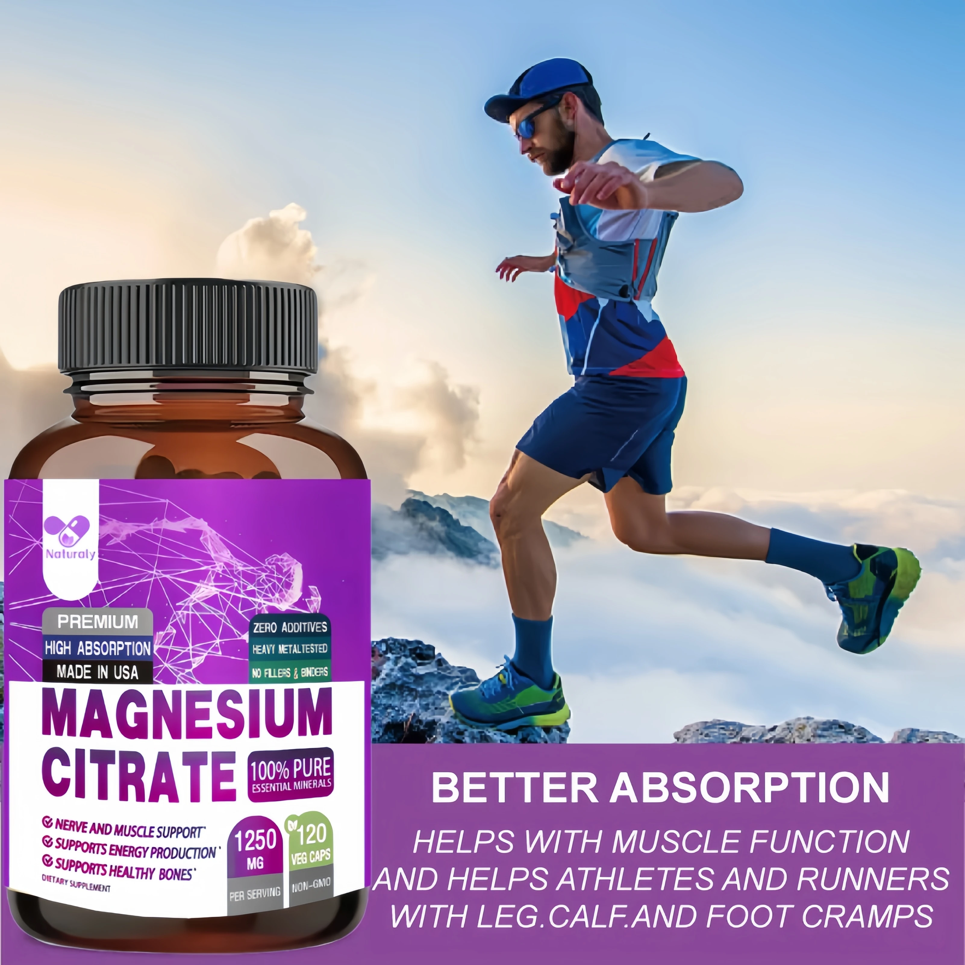 Magnesium Citrate 1250 Mg - Easily Absorbed, Purified Trace Mineral - Muscle, Nerve and Energy Support, Non-GMO