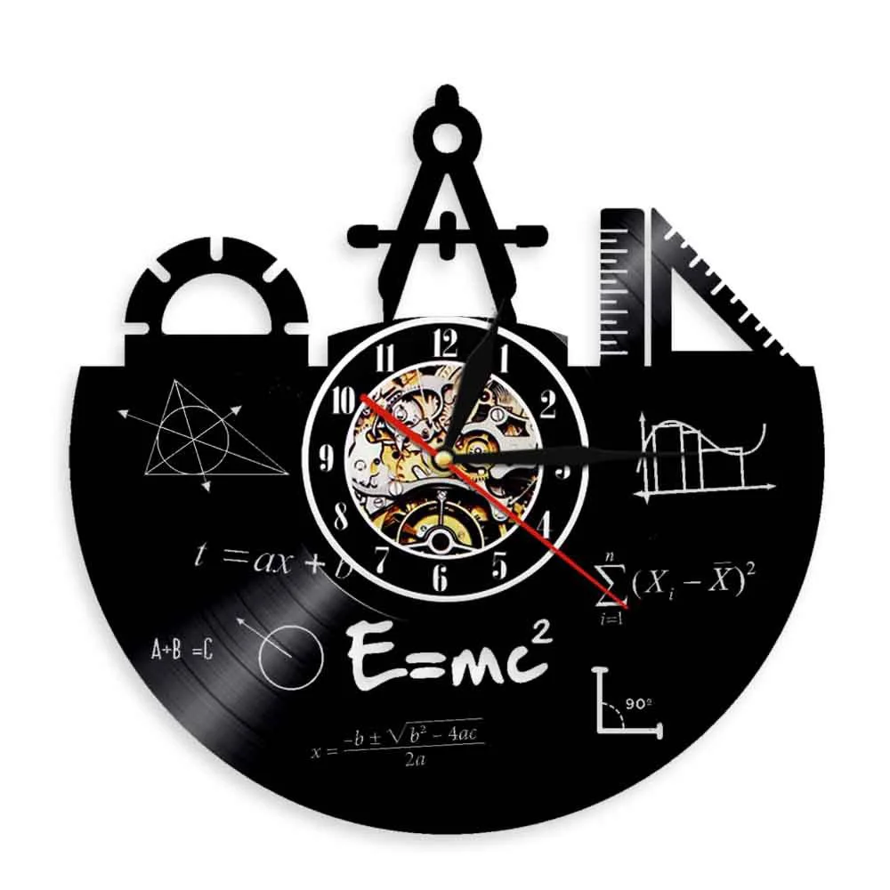 Math Equations Vinyl Record Wall Clock School Compass Ruler Silent Quartz Watch Classroom Study Decor Teacher Student Gift