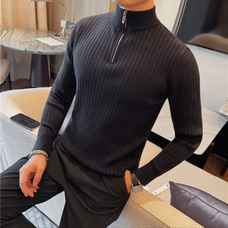 

Brand Clothing Men High Neck Knitted Sweaters/Male Slim Fit Fashion Long Sleeve Pullover/Man Solid Color Stripe Sweaters 4XL-M