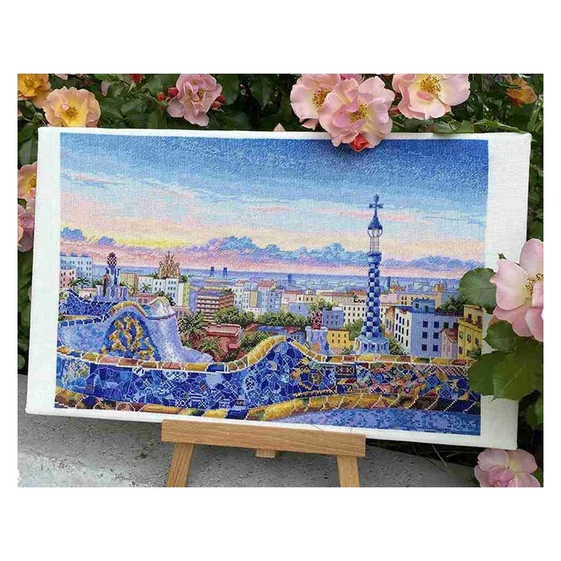 Amishop Top Quality Lovely Counted Cross Stitch Kit Barcelona Blue Park Sunset Dusk Landscape City House Merejka  K-199