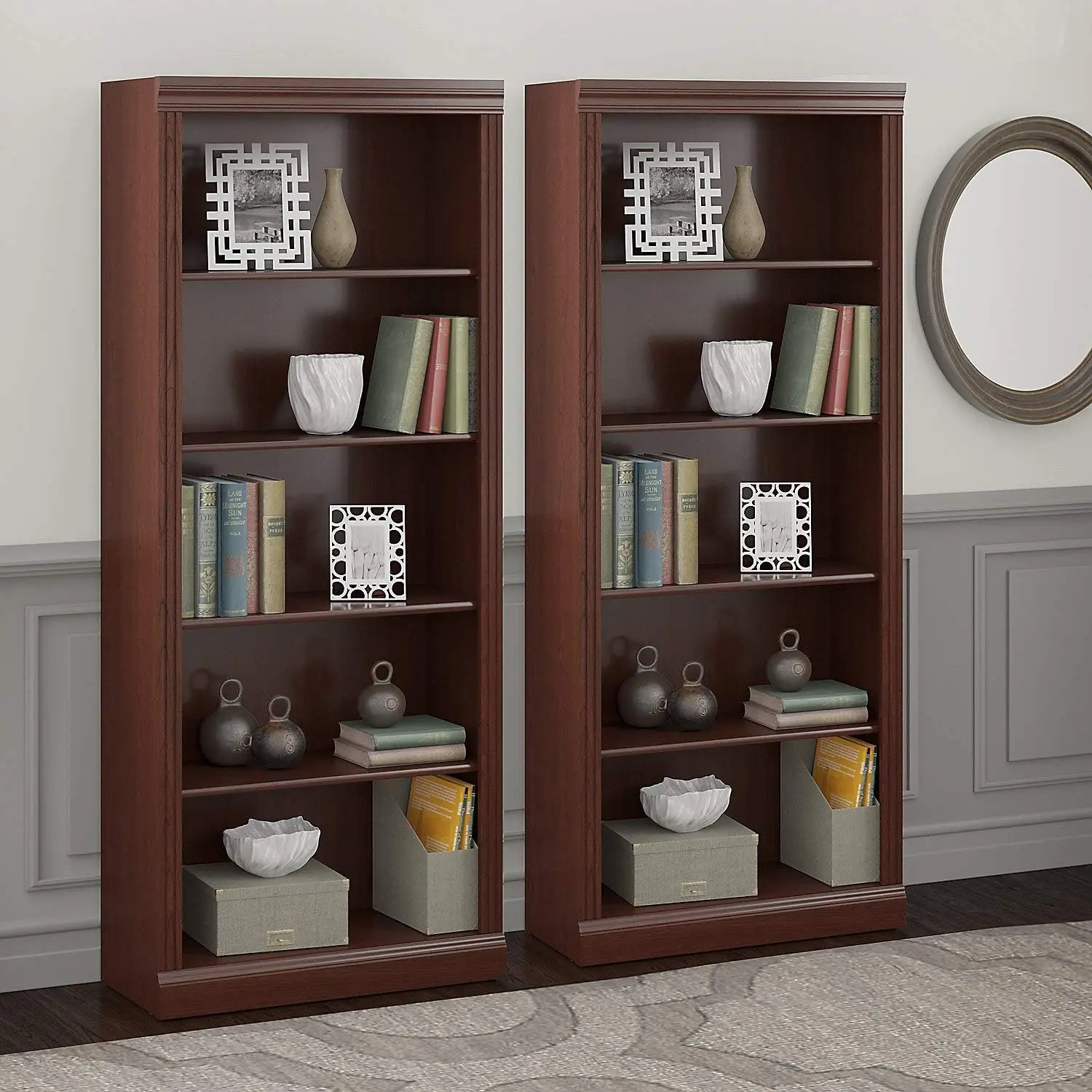 Matching 30W x 13D x 72H Tall 5 Shelf Bookcase Set presents a practical storage solution with timeless traditional style