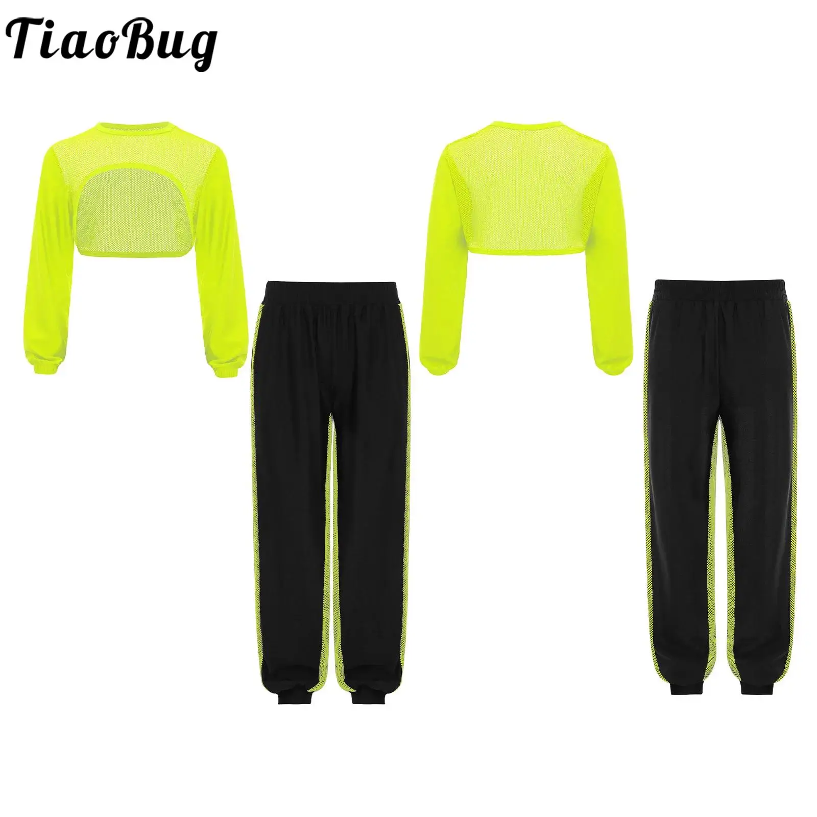 

Детский костюм для хип-хопа для девочек: современный уличный танцевальный комплект из 2 предметов – прозрачный сетчатый укороченный топ с длинными рукавами и свободные брюки