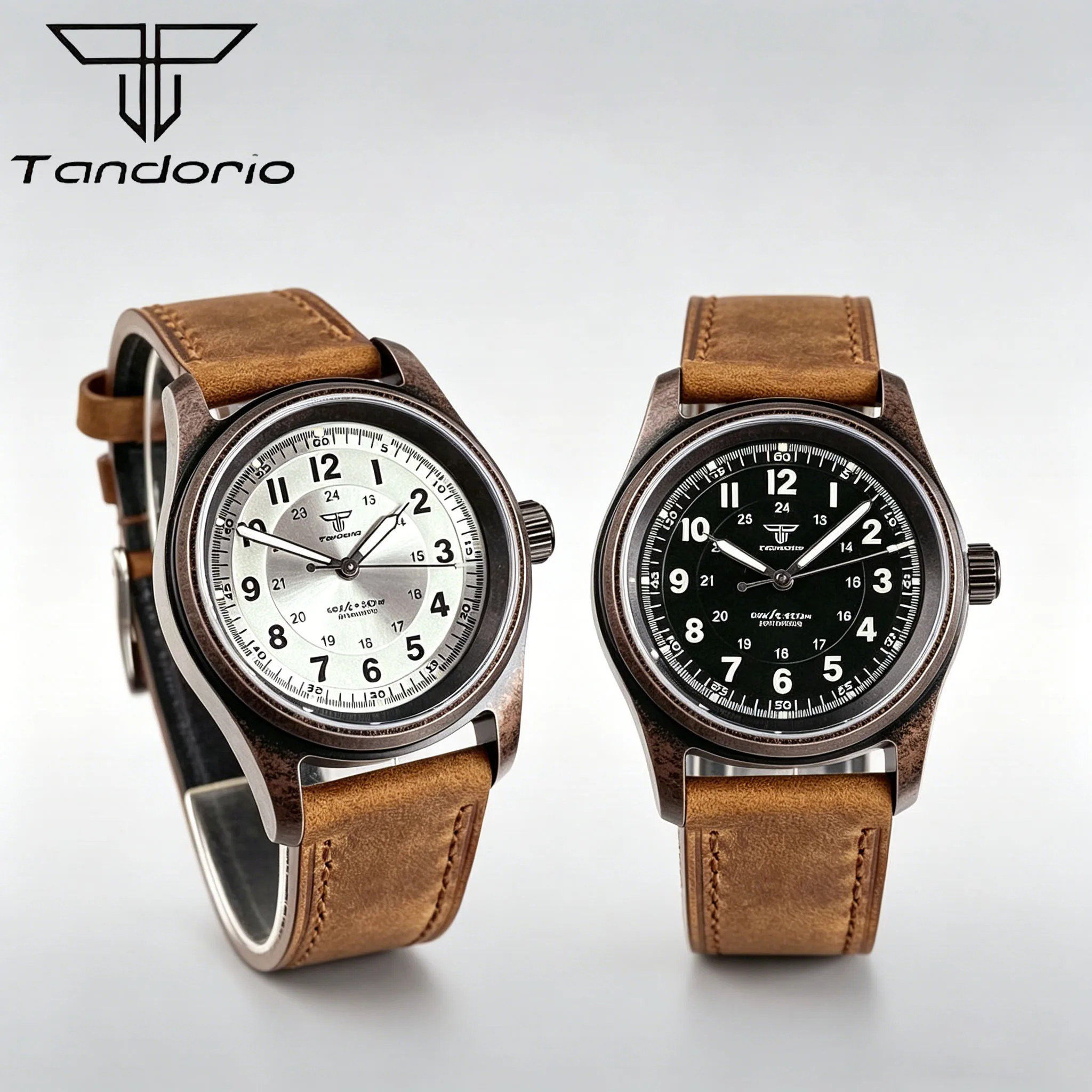 

Copper Plating Noctilucent Tandorio Pilot 36mm Sapphire Glass Brown Leather Strap 20ATM Automatic Miyota 8215 Men Dive Watch