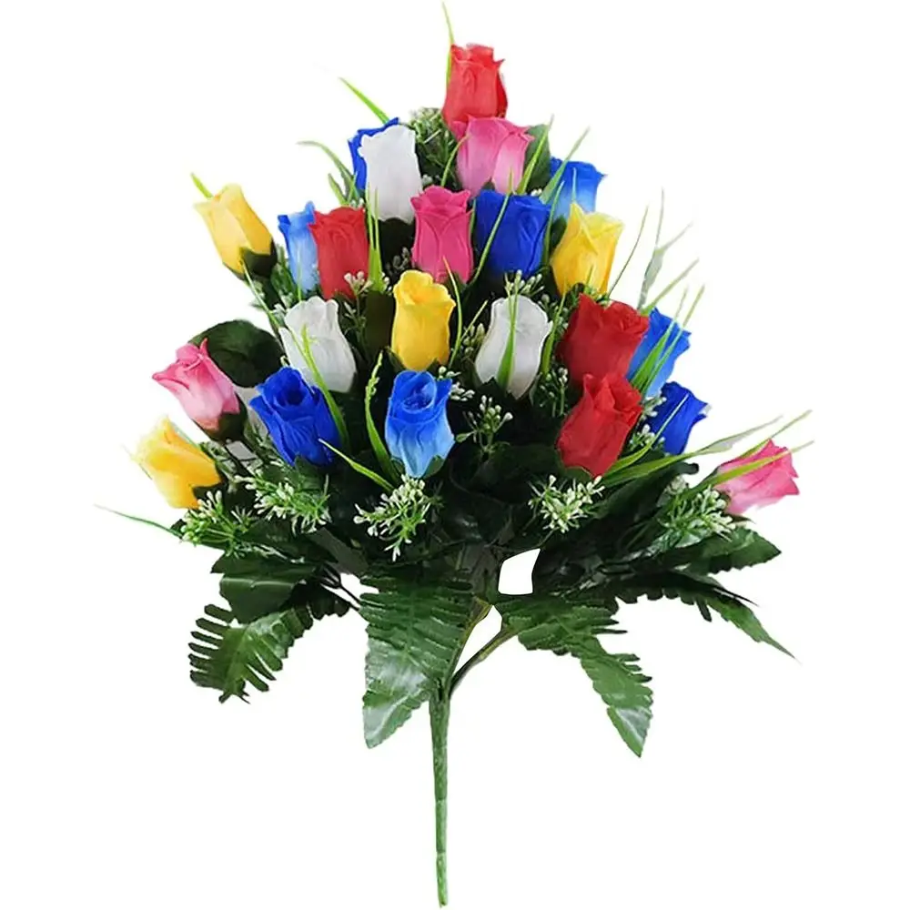 New 24 Heads Artificial Cemetery Flowers Faux Fake Silk Red Blue White Roses Bouquet Grave Decorations Home Outdoor Wedding