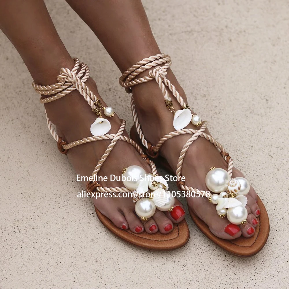 

Beige Rope Pearl Seashell Tassel Decor Flat Sandals Ankle Wrap Round Toe Women Shoes Summer Beach Vacation Boho Fashion Wear