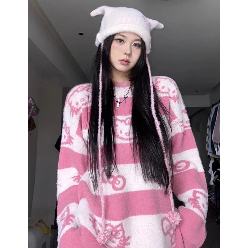 Anime Cartoon Hello Kittys Oversize Mid-Length Sweater Striped Lazy Style Fashionable Women\'s Printed Pullover Bottoming Sweater