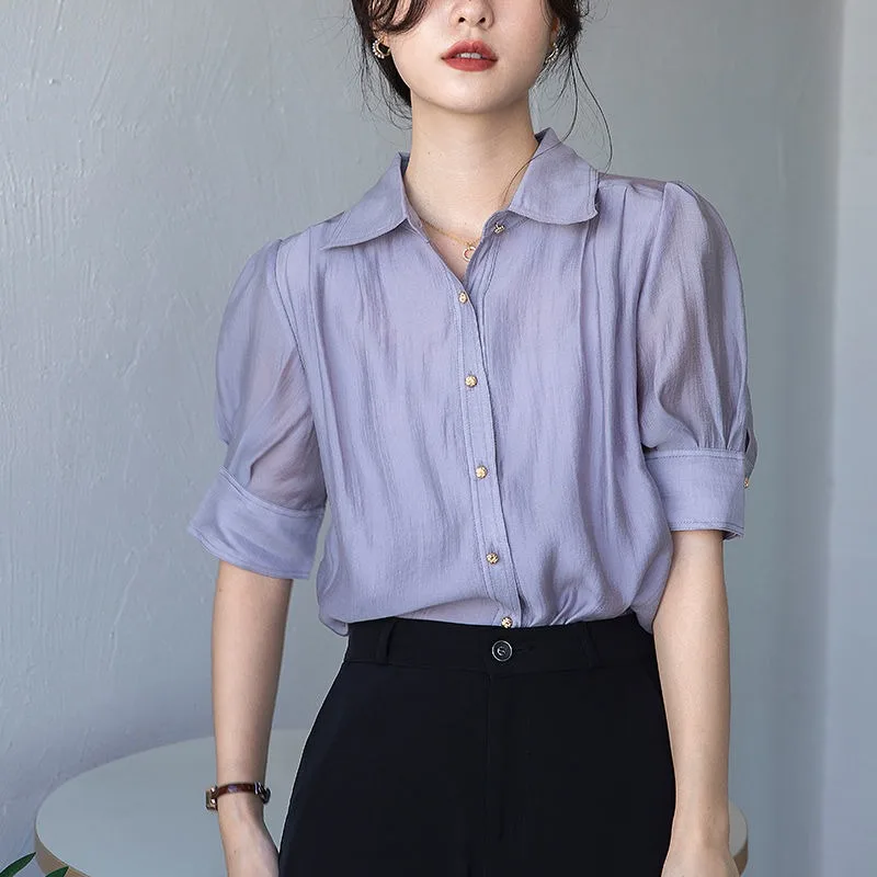 

2024 New Purple Bubble Sleeves Shirt for Women with a Small Design Sense Short sleeved French High end Commuter Shirt