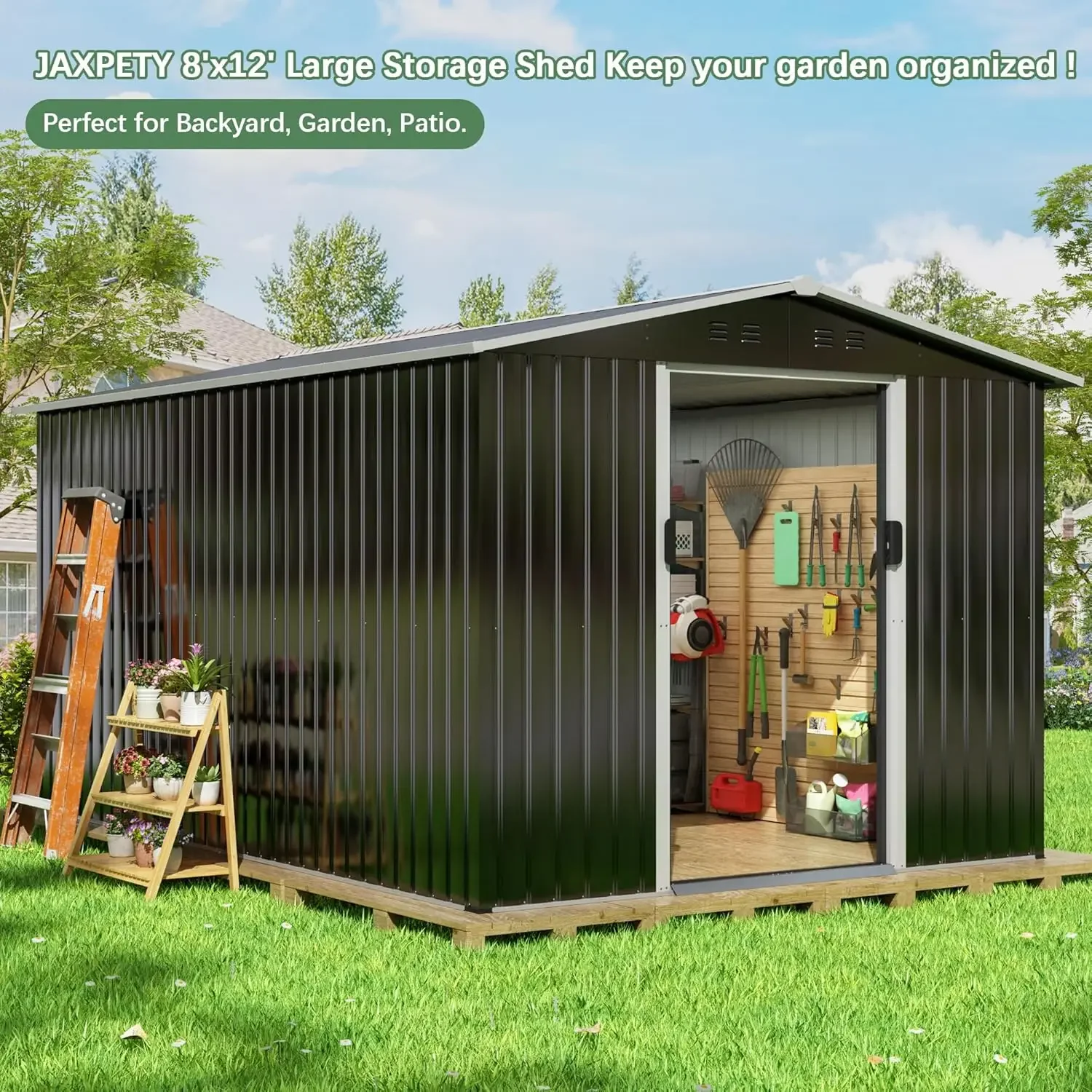 8x12 FT Large Storage Shed, Metal Sheds & Outdoor Storage, Outdoor Shed with Air Vent Lockable Door, Sheds & Outdoor