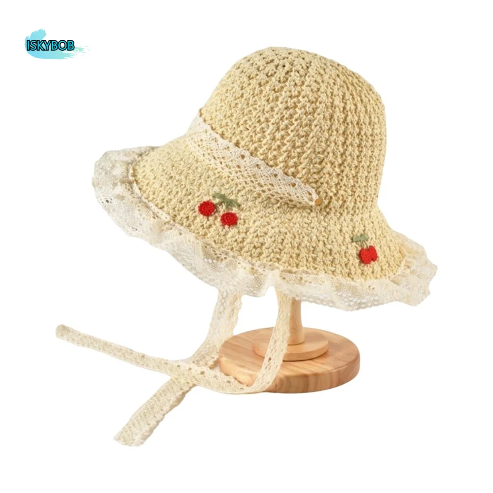 

Fashion Cherry Embroidered Women Sun Hat Lace Korean Style Straw Fisherman Hat Visor Cap Solid Color Woven Bucket Hat Holiday