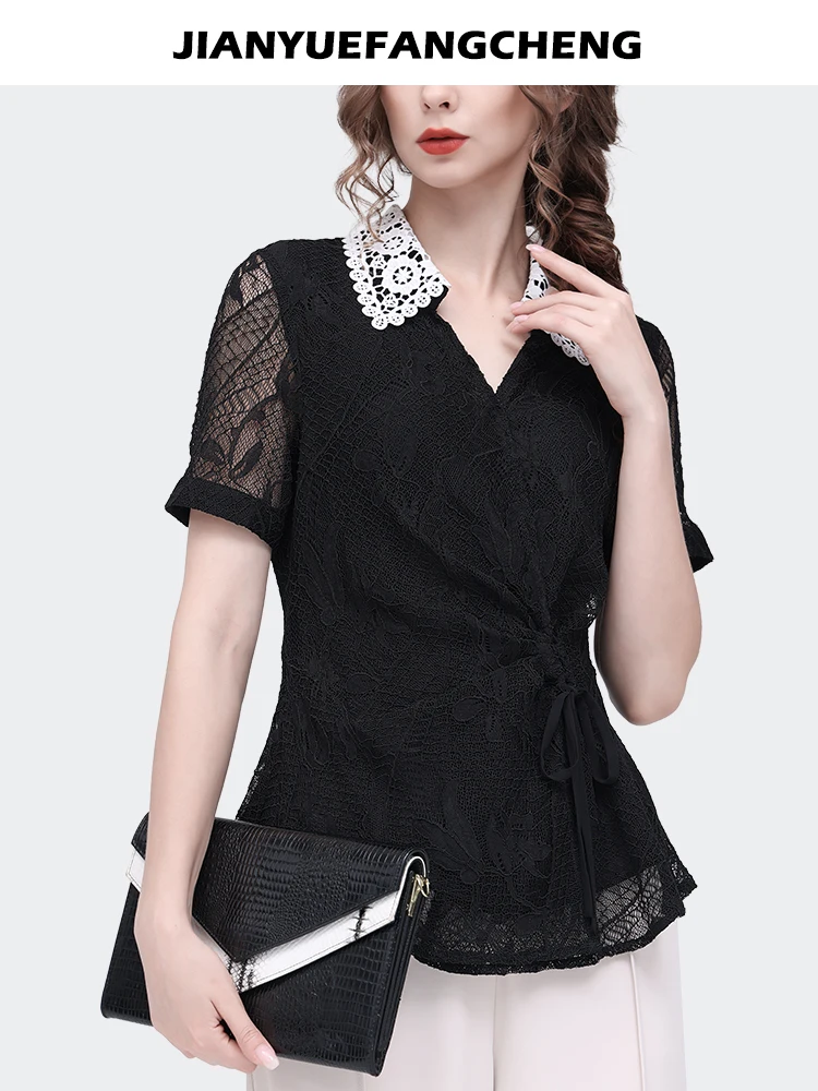 Fashion Women\' Short Sleeve Turn-down Collar Black Lace Top Elegant Slim Hollow Out Casual Shirts With Bandage Summer Blouses