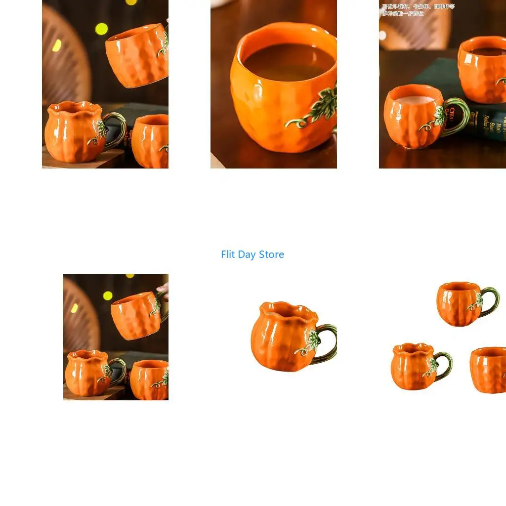 F92C Fall Coffee Cup in Gourd Form with Handle, Seasonal Tea Cup for Latte Service, Holiday Table Accent Display