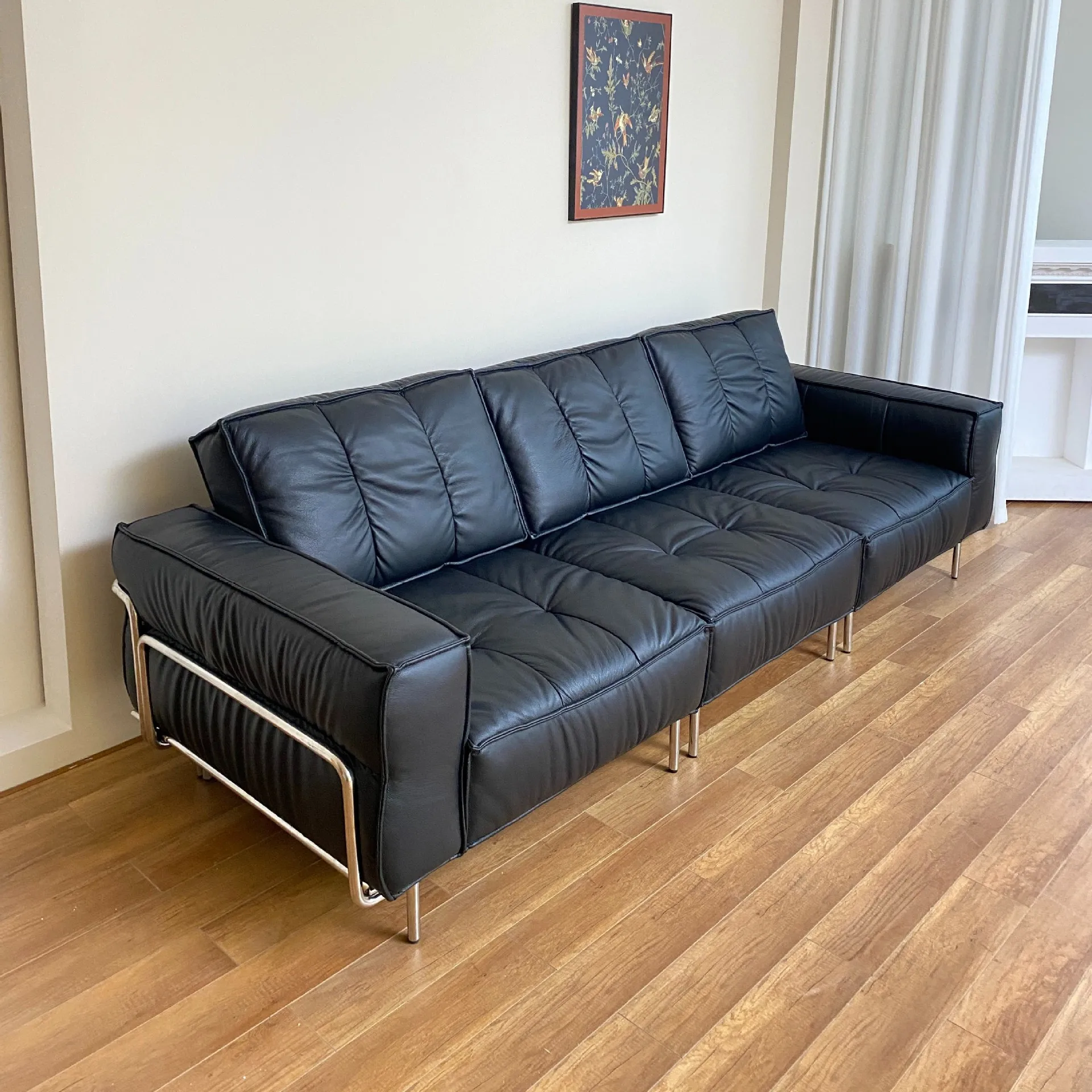 

French black retro straight row stainless steel leather sofa medieval Bauhaus style designer
