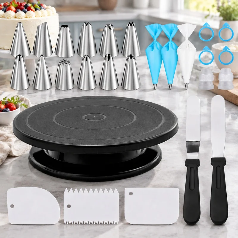 Complete 76-Piece Cake and Cookie Decorating Kit with Rotating Non-Skid Stand, Perfect for DIY Baking Enthusiasts