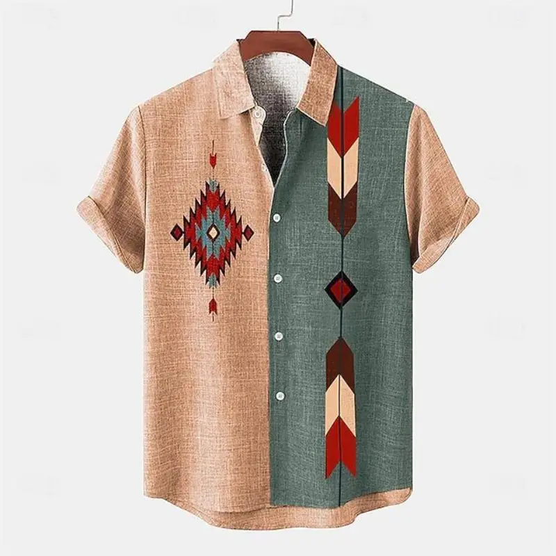 Summer Men\'s Shirt Ethnic Pattern Print Shirt Casual Short Sleeve Street Fashion Male Oversized Clothing Cardigan Hawaii Shirt