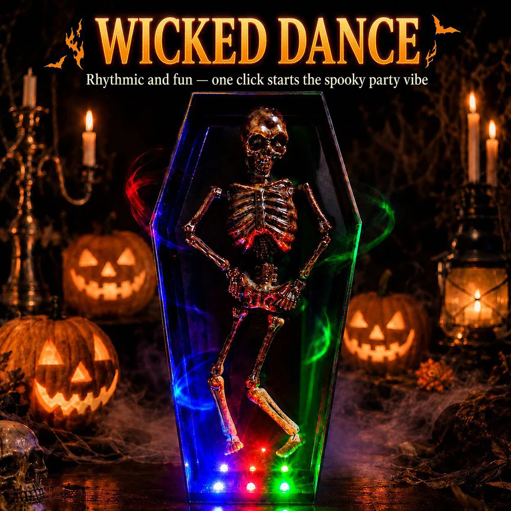 Halloween Coffin Dancing Skeleton Toy Ornament,Funny Halloween Dancing Skull With Light And Sound,Novelty Party Decoration Prop