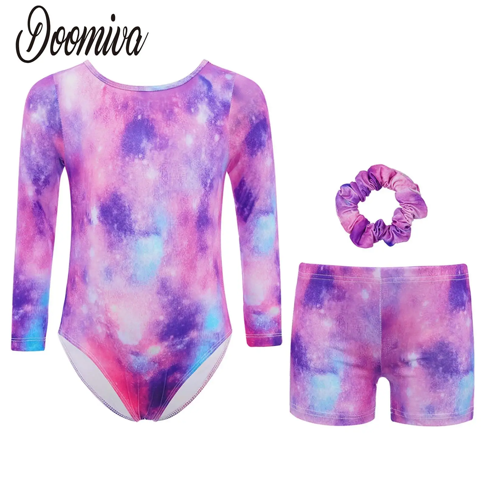 

3Pcs Kids Girls Ballet Gymnastics Dance Performance Outfit Rhythmic Costume Long Sleeve Printed Leotard with Shorts and Headwear
