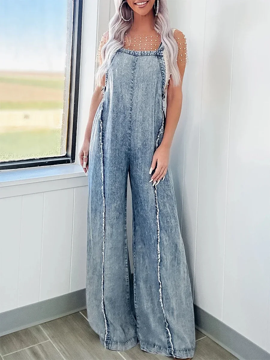 Denim overalls voor dames, losse vintage gewassen, ruwe afwerking, vierkante hals, open rug, mouwloze jumpsuit met wijde pijpen