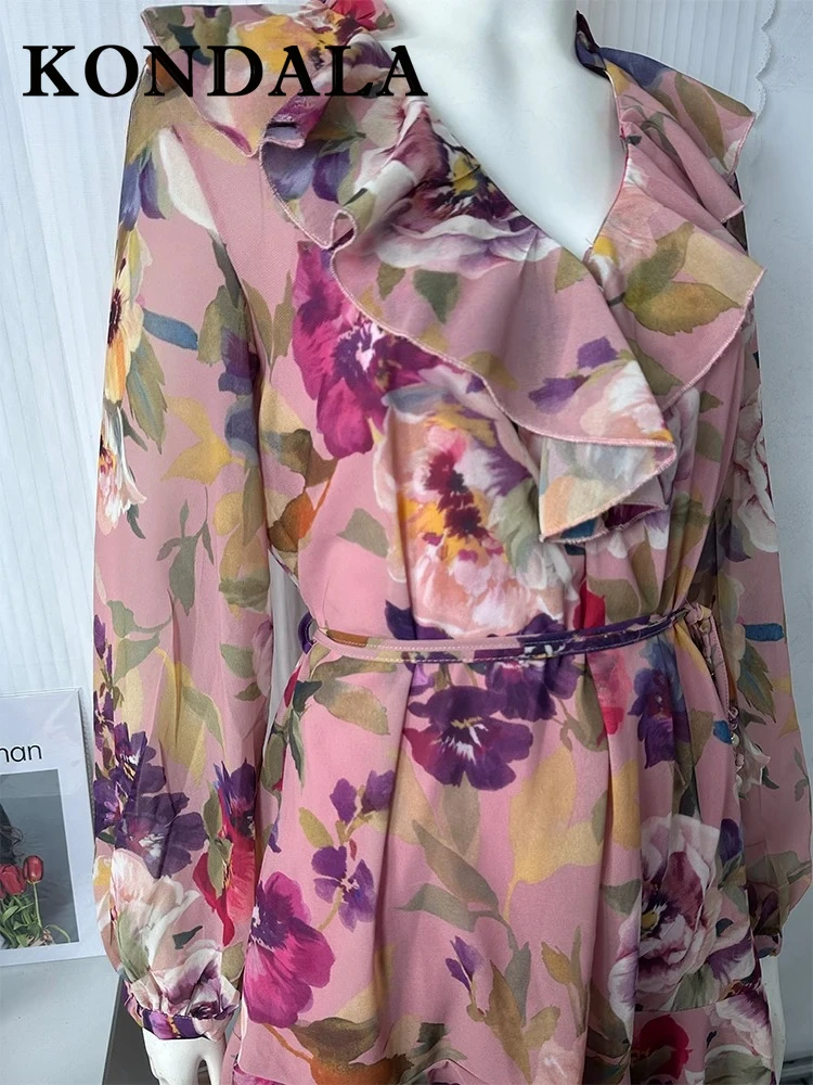 콘달라 시크 플라워 프린트 여성 드레스 패션 2025 V넥 캐스케이딩 미니 드레스 끈 단추 주름 여성 봄 원피스