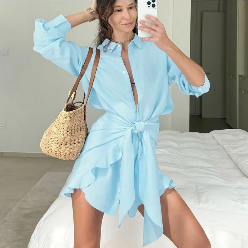 Tuularose Fashion Ruffle Mini Dress New Lapel Shirt Lace-up Casual Dress Shirt High Waist Streetwear Vacation Party Women Dress