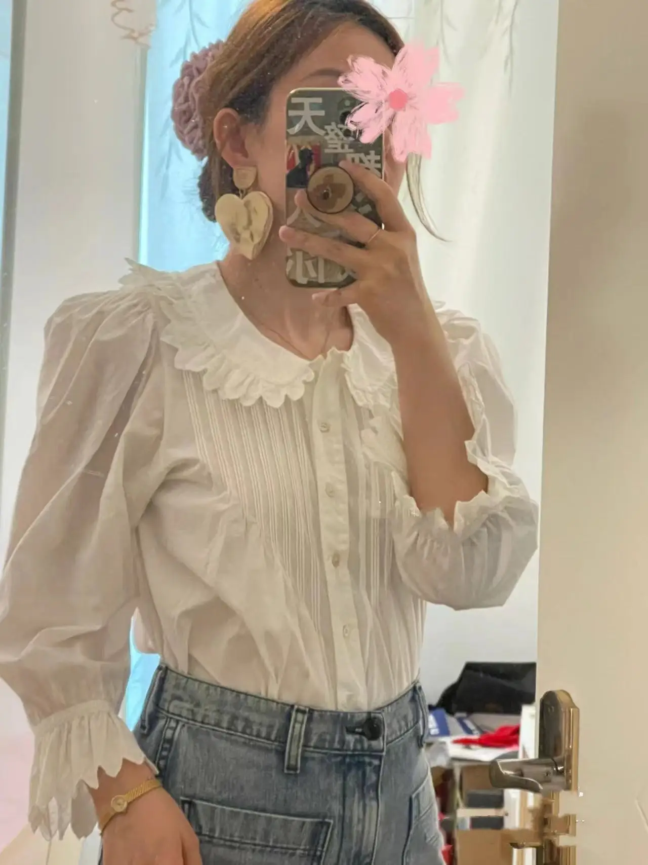 

Shirt for Ladies 2024 New 100% Cotton Embroidery Peter Pan Collar Single Breasted Sweet Long Puff Sleeve Blouse