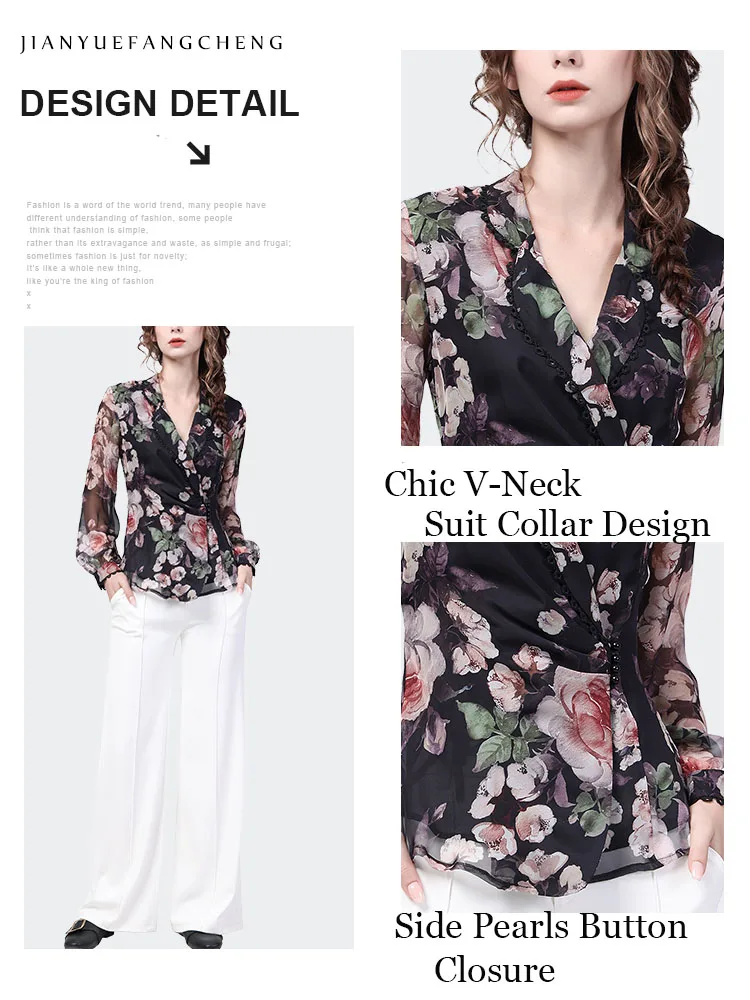 2024 Spring New Women\' Long Sleeve Floral Chiffon Top Fashionable Slim Printed Button Shirt Vintage V-Neck Casual Female Blouses