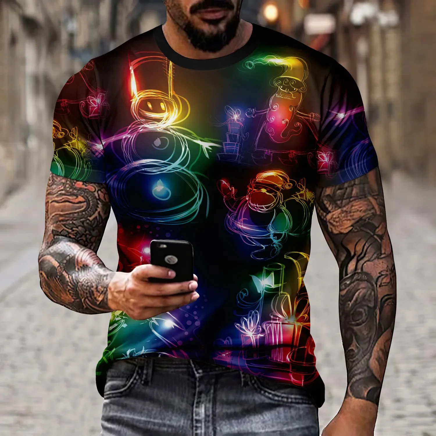 Men's Art Color Entertainment Game Controller 3D Printing Pattern Line Splicing T-shirt Loose Short Sleeve Fashion Clothing