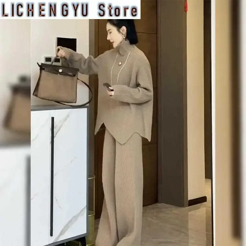 Purple Turtleneck Knitted Suit Women Thickened Fashion High-grade Sweater Wide Leg Pants Two-piece Set of Tide